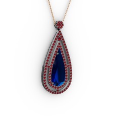 Niva Damla Kolye - Lab safir ve garnet 925 ayar siyah rodyum kaplama gümüş kolye (40 cm rose altın rolo zincir) #1lvdsvj