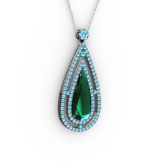 Niva Damla Kolye - Yeşil kuvars ve akuamarin 925 ayar siyah rodyum kaplama gümüş kolye (40 cm beyaz altın rolo zincir) #1o04sbm