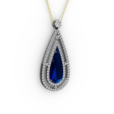 Lab safir ve swarovski 925 ayar siyah rodyum kaplama gümüş kolye (40 cm altın rolo zincir)