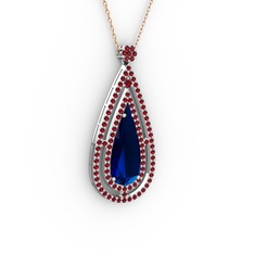 Lab safir ve garnet 18 ayar beyaz altın kolye (40 cm rose altın rolo zincir)