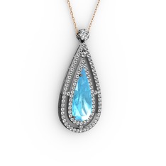 Akuamarin ve swarovski 925 ayar siyah rodyum kaplama gümüş kolye (40 cm rose altın rolo zincir)