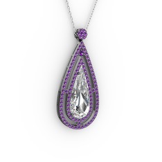 Niva Damla Kolye - Beyaz zirkon ve ametist 925 ayar siyah rodyum kaplama gümüş kolye (40 cm beyaz altın rolo zincir) #1u5c36o