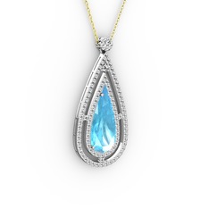 Akuamarin ve swarovski 8 ayar beyaz altın kolye (40 cm altın rolo zincir)