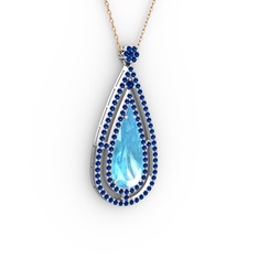 Akuamarin ve lab safir 14 ayar beyaz altın kolye (40 cm rose altın rolo zincir)