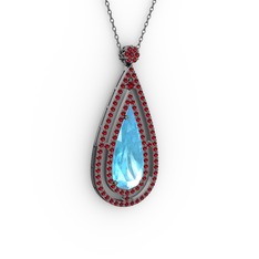Niva Damla Kolye - Akuamarin ve garnet 925 ayar siyah rodyum kaplama gümüş kolye (40 cm gümüş rolo zincir) #1x7jguf