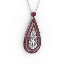 Niva Damla Kolye - Beyaz zirkon ve garnet 925 ayar siyah rodyum kaplama gümüş kolye (40 cm gümüş rolo zincir) #36gndb