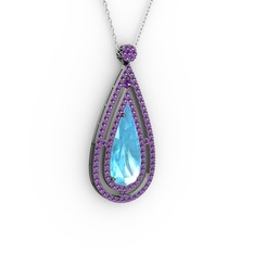 Niva Damla Kolye - Akuamarin ve ametist 925 ayar siyah rodyum kaplama gümüş kolye (40 cm beyaz altın rolo zincir) #399f6j