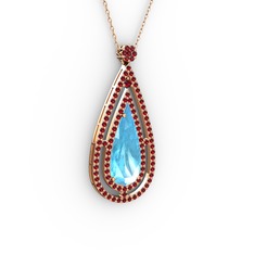 Akuamarin ve garnet 18 ayar rose altın kolye (40 cm rose altın rolo zincir)