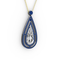 Niva Damla Kolye - Beyaz zirkon ve lab safir 925 ayar siyah rodyum kaplama gümüş kolye (40 cm altın rolo zincir) #aa40gs