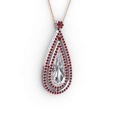 Niva Damla Kolye - Beyaz zirkon ve garnet 925 ayar gümüş kolye (40 cm rose altın rolo zincir) #biua63