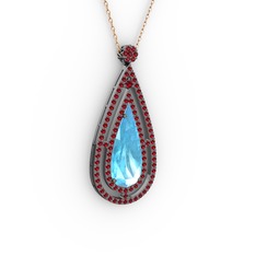 Niva Damla Kolye - Akuamarin ve garnet 925 ayar siyah rodyum kaplama gümüş kolye (40 cm rose altın rolo zincir) #e3epi4