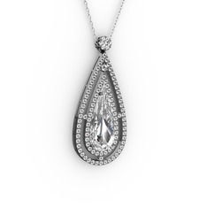 Beyaz zirkon ve swarovski 925 ayar siyah rodyum kaplama gümüş kolye (40 cm beyaz altın rolo zincir)