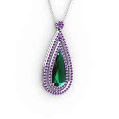 Niva Damla Kolye - Yeşil kuvars ve ametist 18 ayar beyaz altın kolye (40 cm beyaz altın rolo zincir) #hfomp2