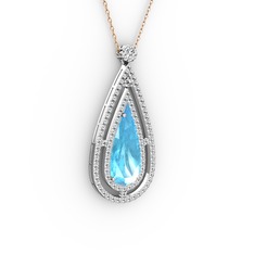 Akuamarin ve beyaz zirkon 14 ayar beyaz altın kolye (40 cm rose altın rolo zincir)