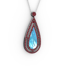Niva Damla Kolye - Akuamarin ve garnet 925 ayar siyah rodyum kaplama gümüş kolye (40 cm beyaz altın rolo zincir) #qqwibh