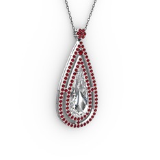 Beyaz zirkon ve garnet 14 ayar beyaz altın kolye (40 cm gümüş rolo zincir)