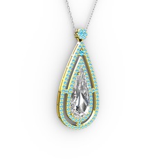 Beyaz zirkon ve akuamarin 18 ayar altın kolye (40 cm beyaz altın rolo zincir)