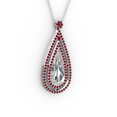 Niva Damla Kolye - Beyaz zirkon ve garnet 8 ayar beyaz altın kolye (40 cm beyaz altın rolo zincir) #ta4d95