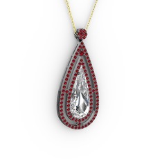Beyaz zirkon ve garnet 925 ayar siyah rodyum kaplama gümüş kolye (40 cm altın rolo zincir)