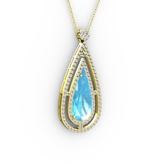 Niva Damla Kolye - Akuamarin ve swarovski 18 ayar altın kolye (40 cm gümüş rolo zincir) #w1h1vd