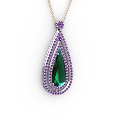 Yeşil kuvars ve ametist 8 ayar beyaz altın kolye (40 cm rose altın rolo zincir)