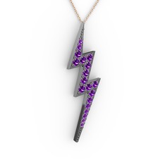 Şimşek Kolye - Ametist 925 ayar siyah rodyum kaplama gümüş kolye (40 cm rose altın rolo zincir) #bi7aq4