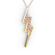 Şimşek Kolye - Pembe kuvars 8 ayar altın kolye (40 cm rose altın rolo zincir) #w15daw