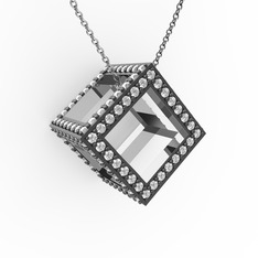 Taşlı Küp Kolye - Swarovski 18 ayar beyaz altın kolye (40 cm beyaz altın rolo zincir) #10e96cn