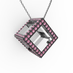 Pembe kuvars 925 ayar gümüş kolye (40 cm beyaz altın rolo zincir)