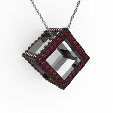 Taşlı Küp Kolye - Garnet 925 ayar siyah rodyum kaplama gümüş kolye (40 cm gümüş rolo zincir) #113adpi