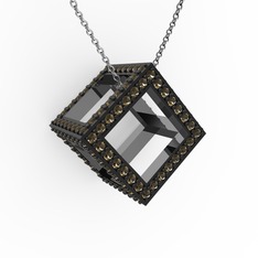 Taşlı Küp Kolye - Dumanlı kuvars 925 ayar siyah rodyum kaplama gümüş kolye (40 cm beyaz altın rolo zincir) #13hzw2d
