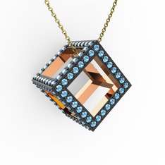 Taşlı Küp Kolye - Akuamarin 18 ayar rose altın kolye (40 cm altın rolo zincir) #19xrks0