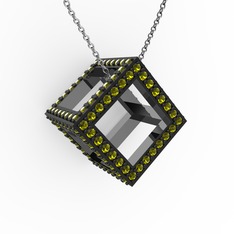 Taşlı Küp Kolye - Peridot 925 ayar siyah rodyum kaplama gümüş kolye (40 cm beyaz altın rolo zincir) #1boe6p5