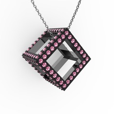 Taşlı Küp Kolye - Pembe kuvars 925 ayar siyah rodyum kaplama gümüş kolye (40 cm beyaz altın rolo zincir) #1cf84f1