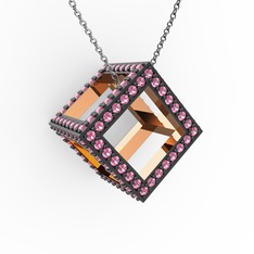 Taşlı Küp Kolye - Pembe kuvars 8 ayar rose altın kolye (40 cm beyaz altın rolo zincir) #1ddo09m