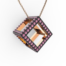 Taşlı Küp Kolye - Pembe kuvars 18 ayar rose altın kolye (40 cm rose altın rolo zincir) #1iyynfn