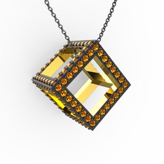 Taşlı Küp Kolye - Sitrin 8 ayar altın kolye (40 cm gümüş rolo zincir) #1nv3hh2