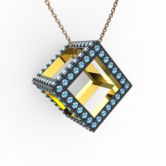 Taşlı Küp Kolye - Akuamarin 14 ayar altın kolye (40 cm rose altın rolo zincir) #1pa1nn3