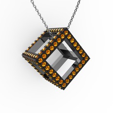 Taşlı Küp Kolye - Sitrin 925 ayar siyah rodyum kaplama gümüş kolye (40 cm beyaz altın rolo zincir) #1r2rsry