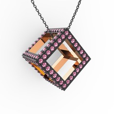 Taşlı Küp Kolye - Pembe kuvars 18 ayar rose altın kolye (40 cm gümüş rolo zincir) #1t7cre4