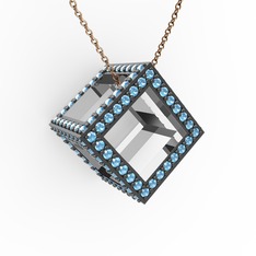 Taşlı Küp Kolye - Akuamarin 18 ayar beyaz altın kolye (40 cm rose altın rolo zincir) #1tu7il3