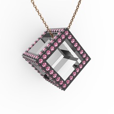 Taşlı Küp Kolye - Pembe kuvars 18 ayar beyaz altın kolye (40 cm gümüş rolo zincir) #1vap1tn
