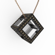 Taşlı Küp Kolye - Dumanlı kuvars 925 ayar siyah rodyum kaplama gümüş kolye (40 cm rose altın rolo zincir) #4o6wk9