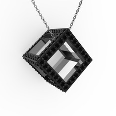 Taşlı Küp Kolye - Siyah zirkon 925 ayar siyah rodyum kaplama gümüş kolye (40 cm gümüş rolo zincir) #6u1ymo