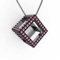Taşlı Küp Kolye - Pembe kuvars 925 ayar siyah rodyum kaplama gümüş kolye (40 cm gümüş rolo zincir) #82bwda
