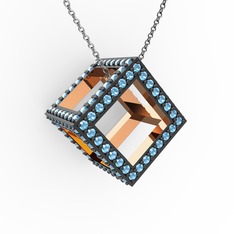 Taşlı Küp Kolye - Akuamarin 18 ayar rose altın kolye (40 cm beyaz altın rolo zincir) #eg1wgl