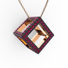 Taşlı Küp Kolye - Rodolit garnet 18 ayar rose altın kolye (40 cm rose altın rolo zincir) #i9rzop