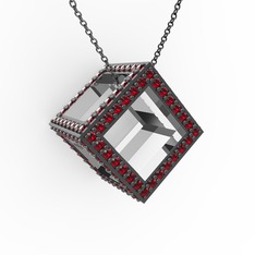 Taşlı Küp Kolye - Garnet 14 ayar beyaz altın kolye (40 cm gümüş rolo zincir) #m1plio