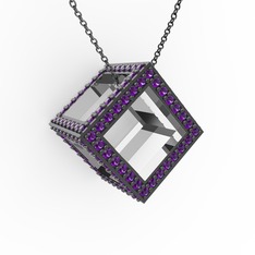 Ametist 14 ayar beyaz altın kolye (40 cm gümüş rolo zincir)