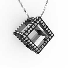 Taşlı Küp Kolye - Beyaz zirkon 925 ayar siyah rodyum kaplama gümüş kolye (40 cm beyaz altın rolo zincir) #qdj5xt